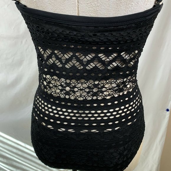 One Piece Swimsuit Size 2 Lightly Lined Black Lace Crochet Sweetheart Spaghetti - Picture 6 of 10